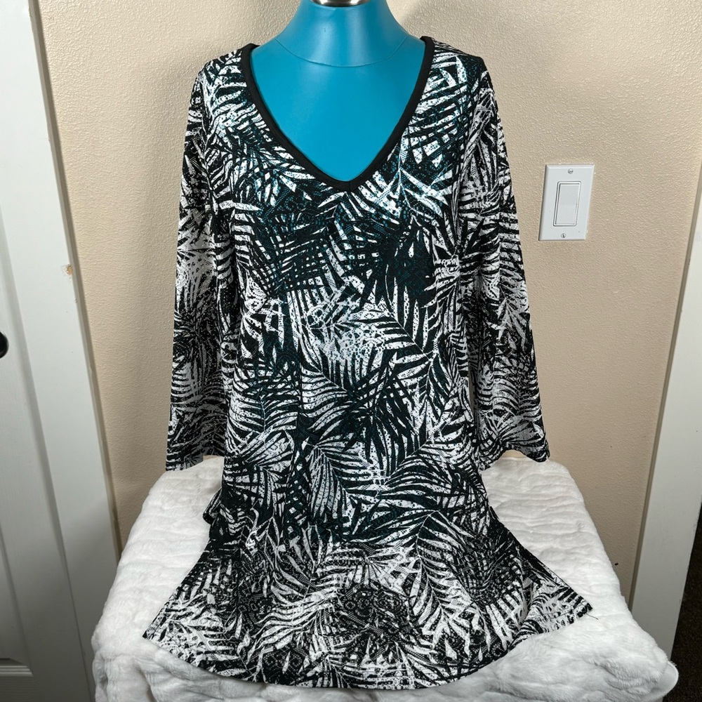 Mario Serrani Italy Beach Cover Up‎ Black White Tropical Print Tunic Dress Large